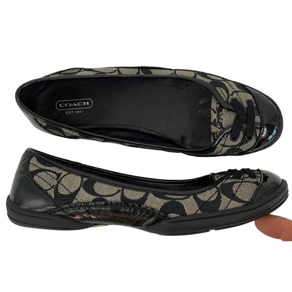 Womens 7.5 Coach Dannie Ballet Flats Shoes Monogram Patent Leather Black 6539 - Picture 11 of 16